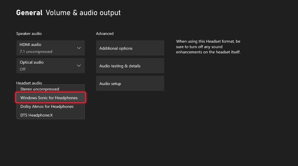 Screenshot of the General Volume & Output settings page showing the enabling spatial sound for headphones.