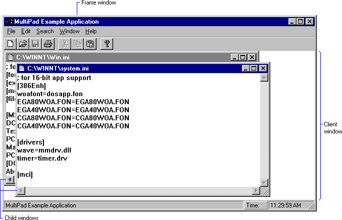 Screenshot of a multipad mdi application frame window and client window.