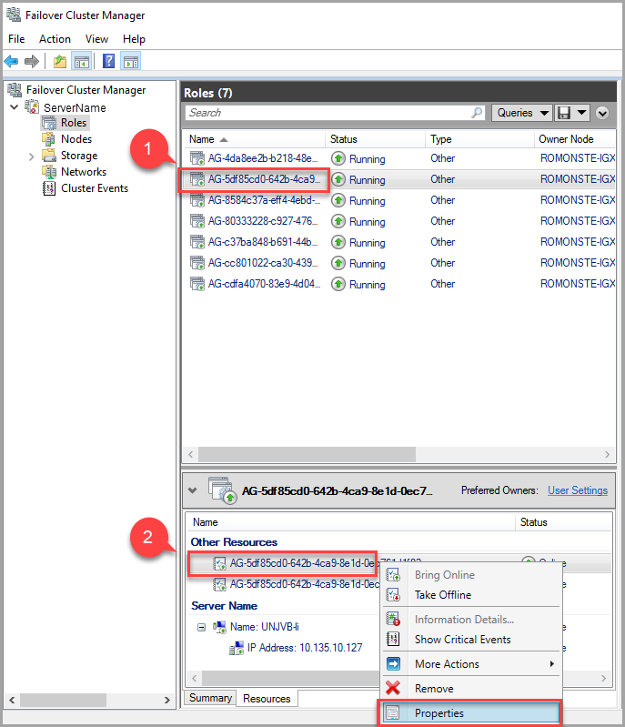 Screenshot of the Failover cluster manager.