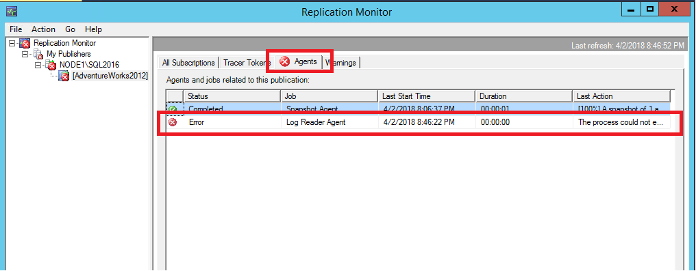 Screenshot of Red X on the failing Log Reader Agent in Replication Monitor.