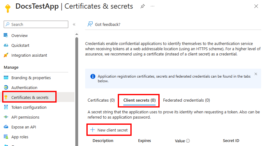 Screenshot of the Certificates & secrets pane for the App in the Azure portal.