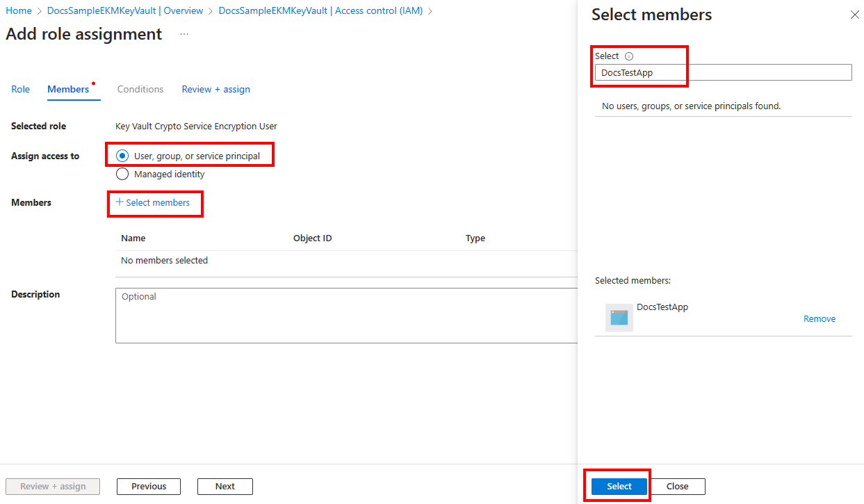 Screenshot of the Select members pane for adding a role assignment in the Azure portal.