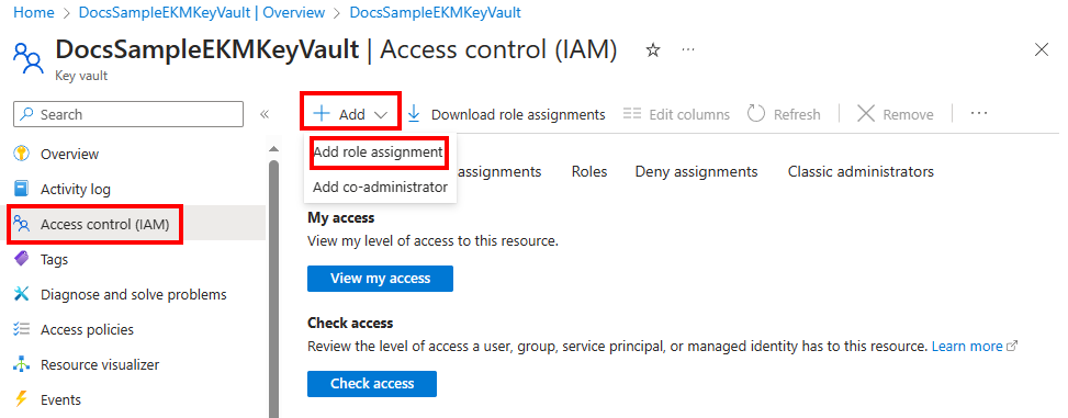 Screenshot of the Add role assignment button on the Access control (IAM) pane in the Azure portal.