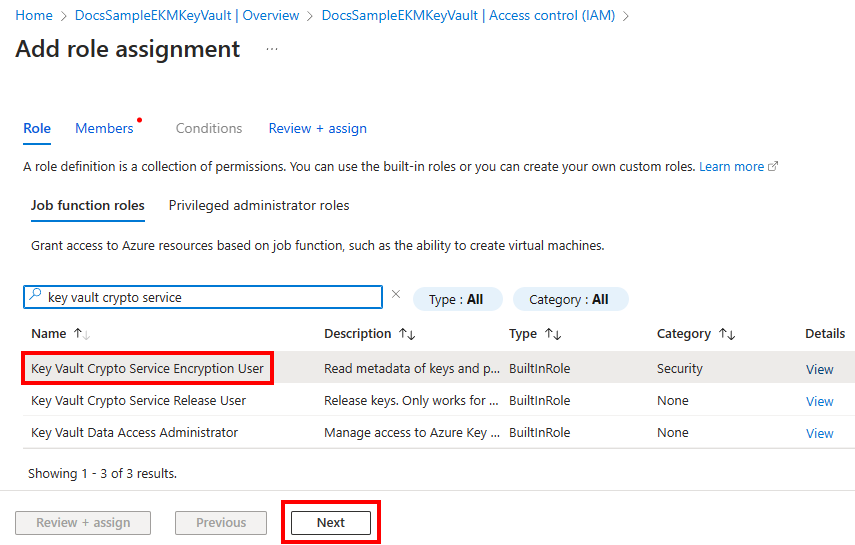 Screenshot of selecting a role assignment in the Azure portal.