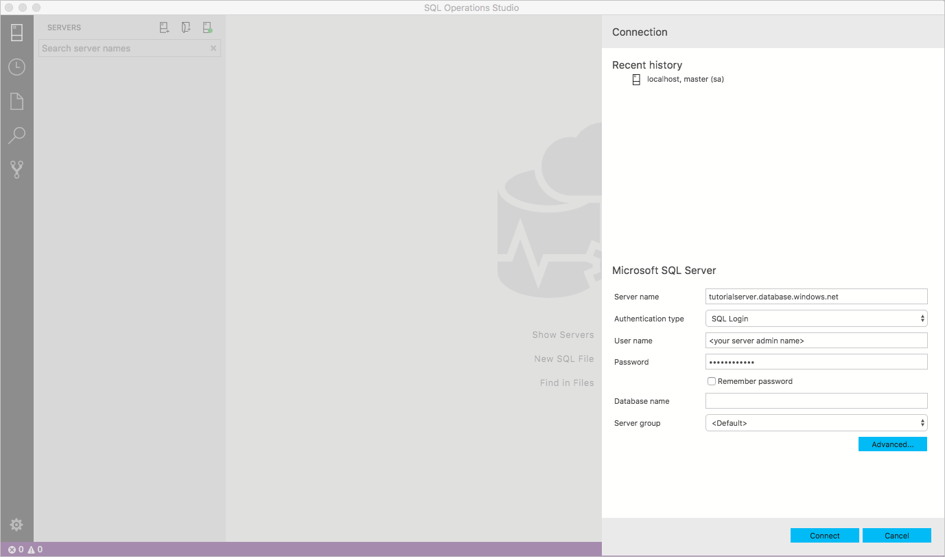 Screenshot of the Azure Data Studio - Connection page.
