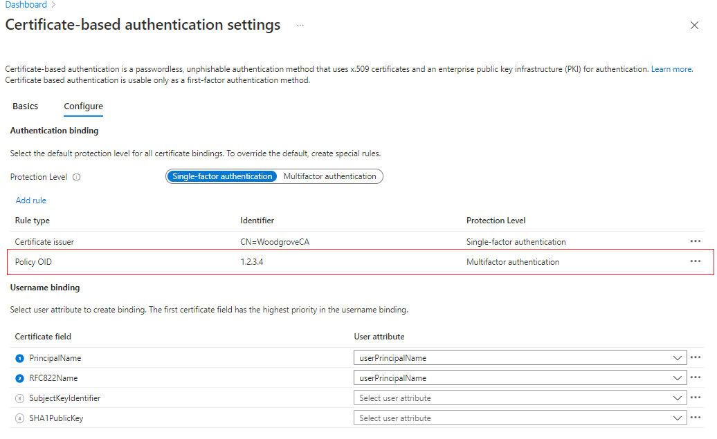 Screenshot of the Authentication policy configuration showing multifactor authentication required.