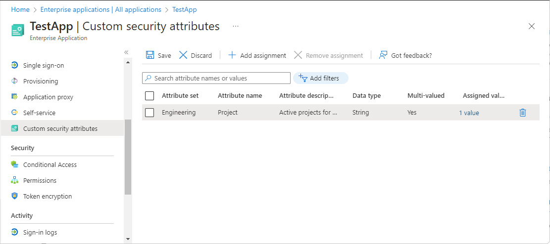Screenshot shows how to assign a custom security attribute to an application.