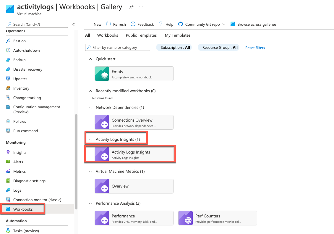 Screenshot that shows how to locate and open the Activity Logs Insights workbook on a resource level.