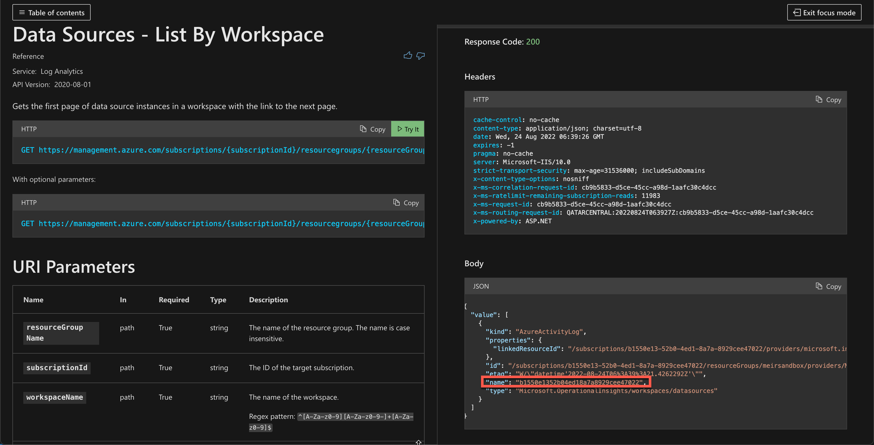 Screenshot showing the connection information you need to copy from the output of the Data Sources - List By Workspace API.