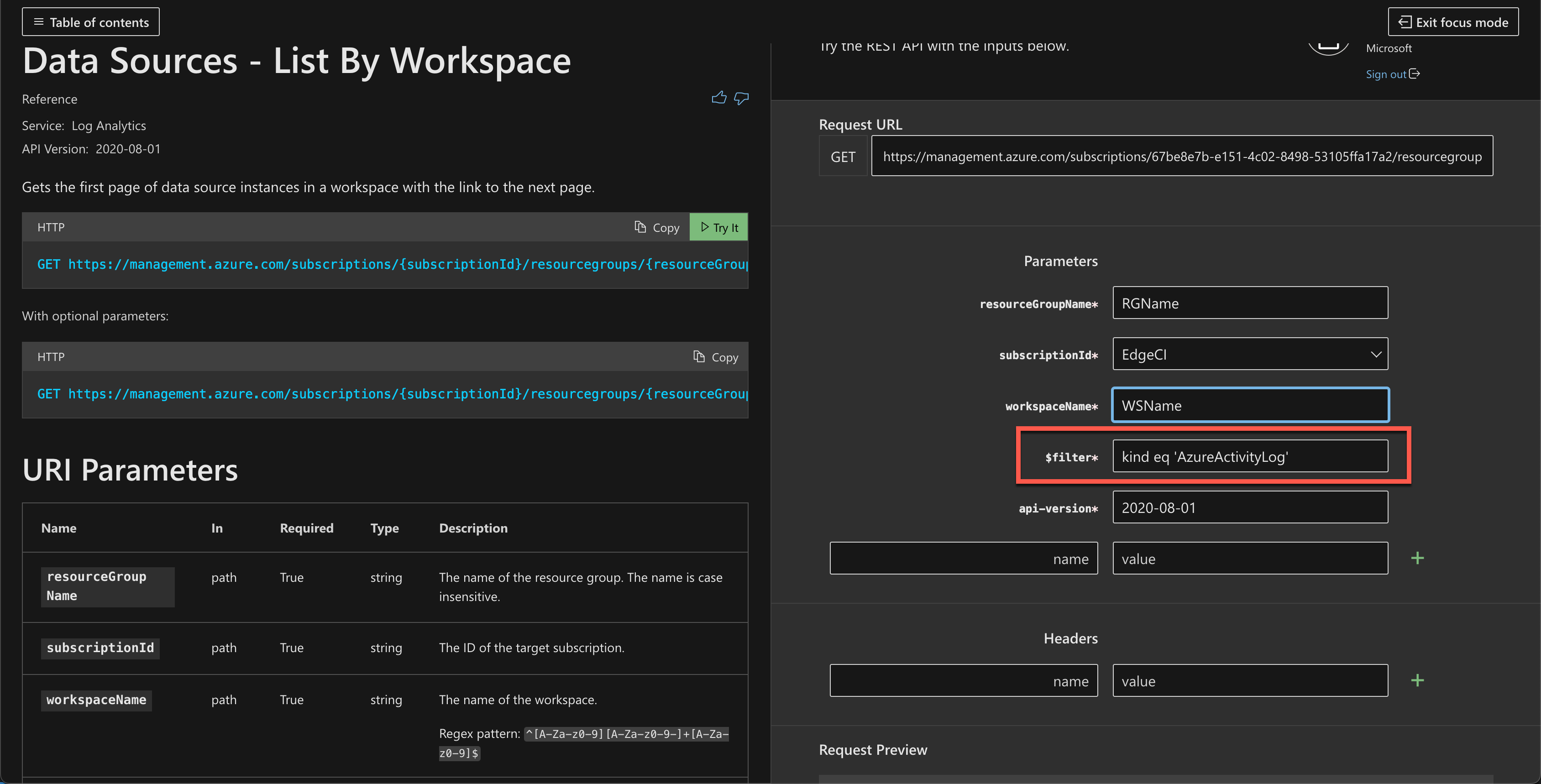 Screenshot showing the configuration of the Data Sources - List By Workspace API.
