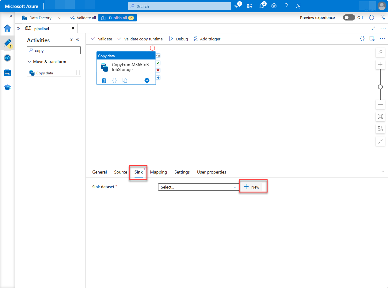 A screenshot of the Azure portal Factory resources page with the Sink tab highlighted.