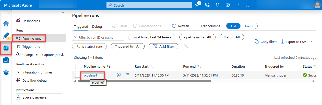 A screenshot of the Azure portal Pipeline runs page with pipeline1 highlighted.