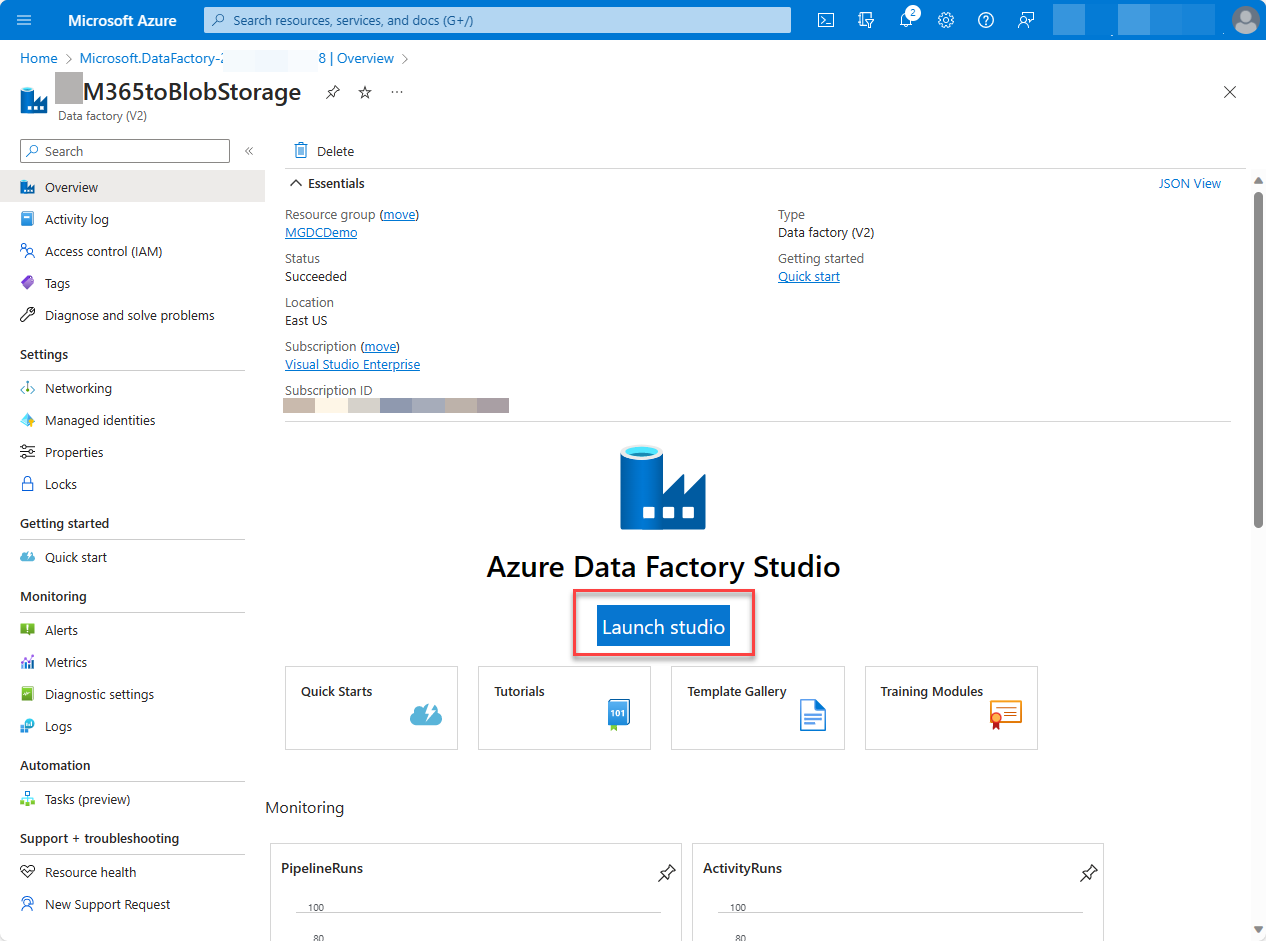 A screenshot of the Azure portal Data Factory service page with Open Azure Data Factory Studio highlighted.