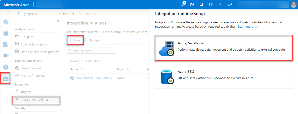 A screenshot of the integration runtime setup with Azure, Self-Hosted highlighted.