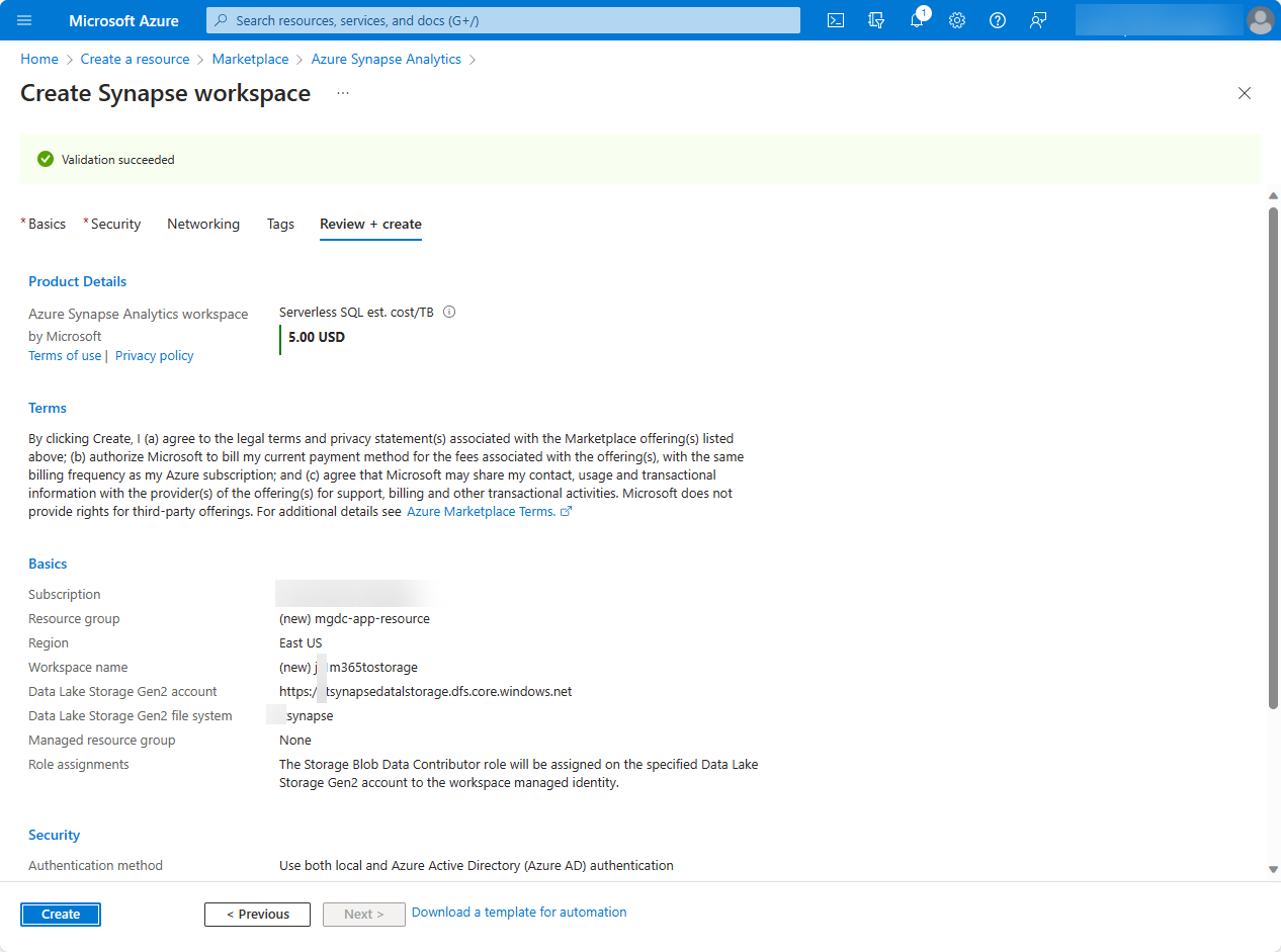 A screenshot of the Azure Synapse Analytics page with Create highlighted.