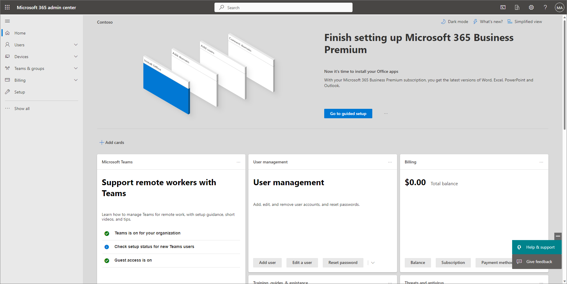 Screenshot of the dashboard view of the Microsoft 365 admin center.