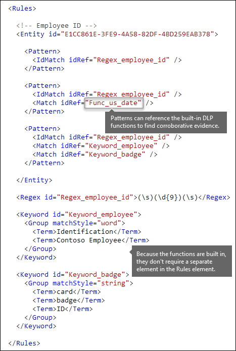 XML markup showing Match element referencing built-in function.
