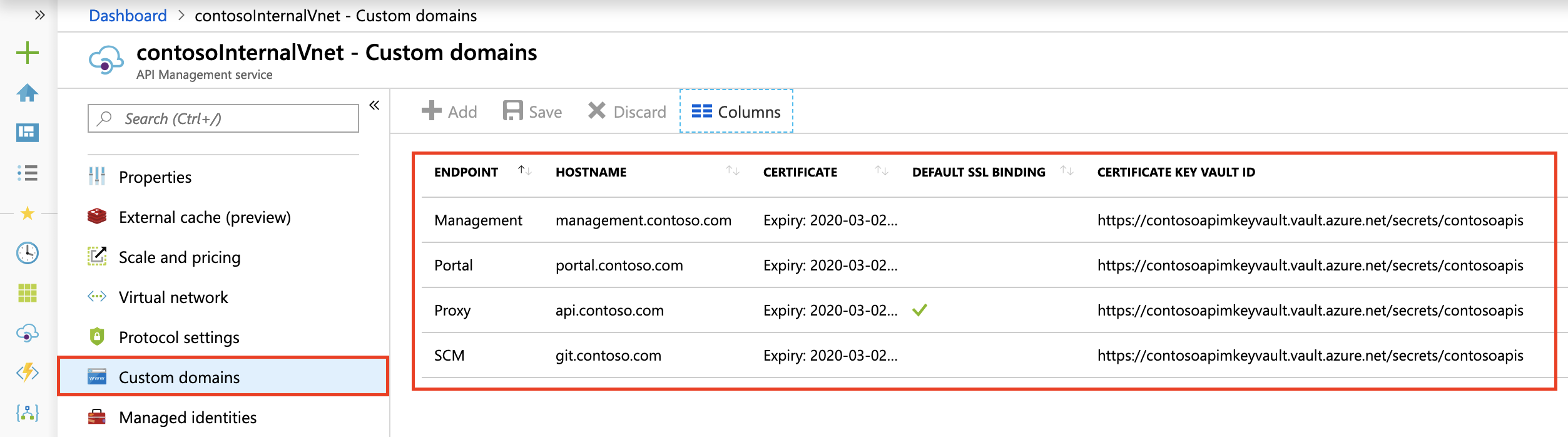 Screenshot that shows how to set up custom domain names for API Management endpoints in the Azure portal.