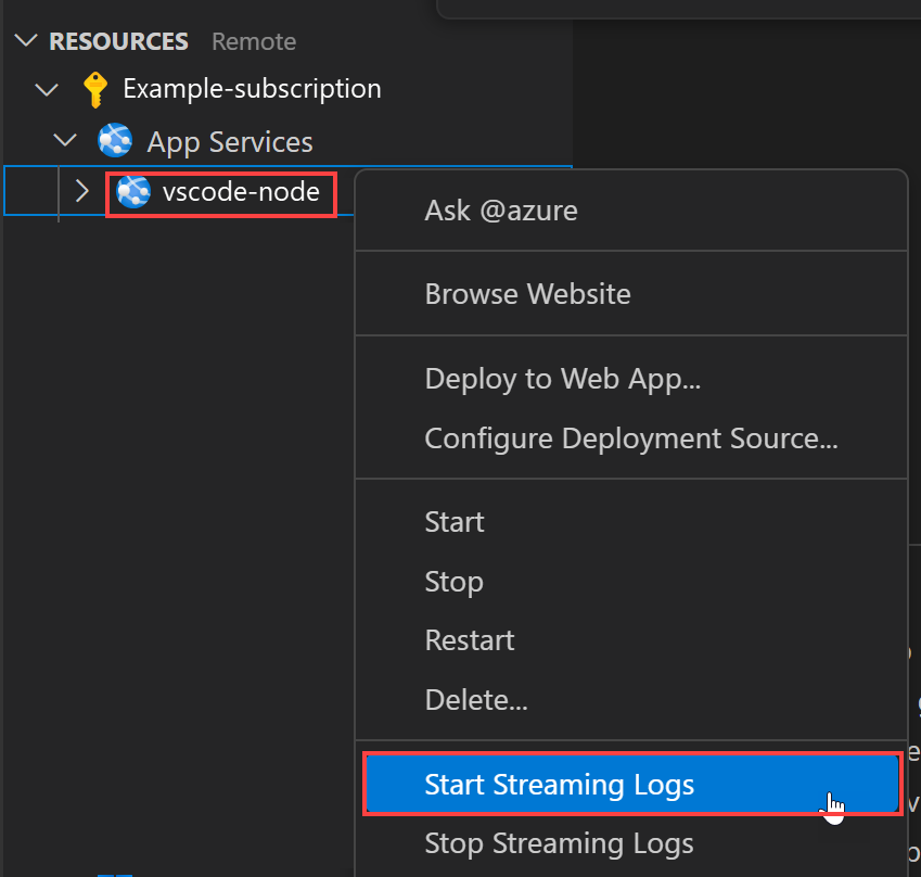 Screenshot of the option to Start Streaming Logs.