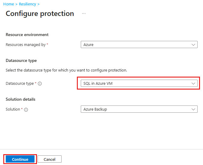Screenshot shows how to select SQL database as the datasource for Backup.