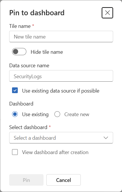 Screenshot of the Pin to dashboard pane.