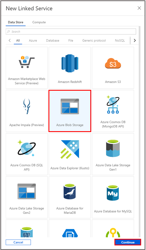 Selecting the "Azure Blob Storage" tile