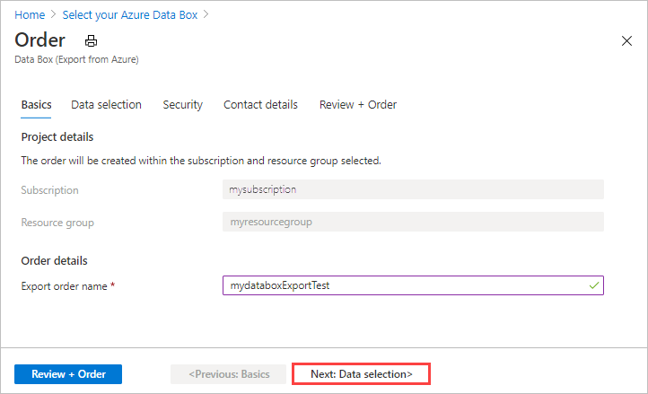 Screen capture showing the data fields on the Basics tab for a Data Box export order.