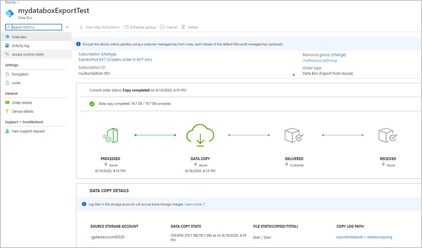 Screen capture of a Data Box export order with data copy completed.