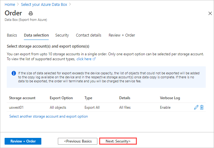 Screen capture showing the data fields on the Data Selection tab for a Data Box export order after modifying Storage Account and Export options.
