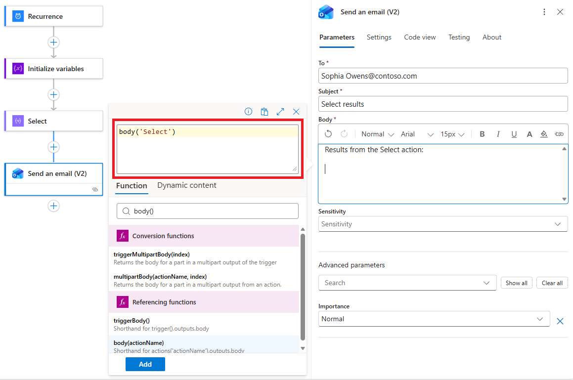 Screenshot shows workflow with the Send an email (V2) action, and action outputs from the Select action.