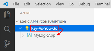 Screenshot that shows an expanded Azure subscription with associated logic apps.