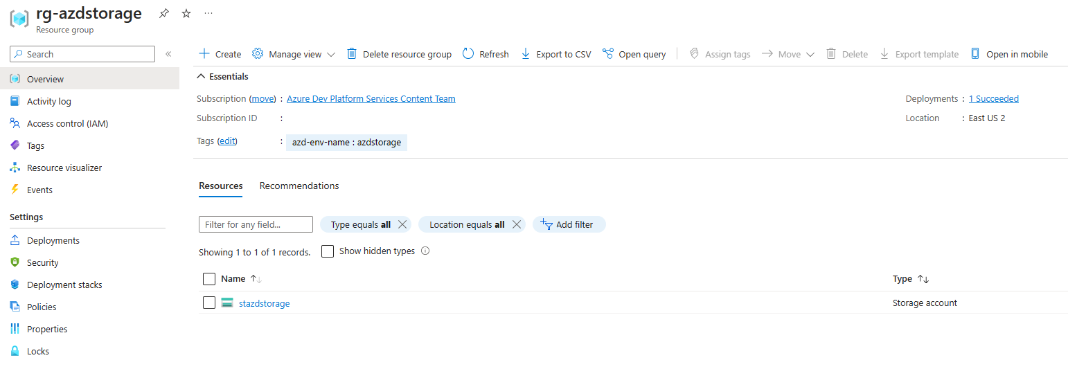 Screenshot of the deployed resource group and storage account in the Azure portal.