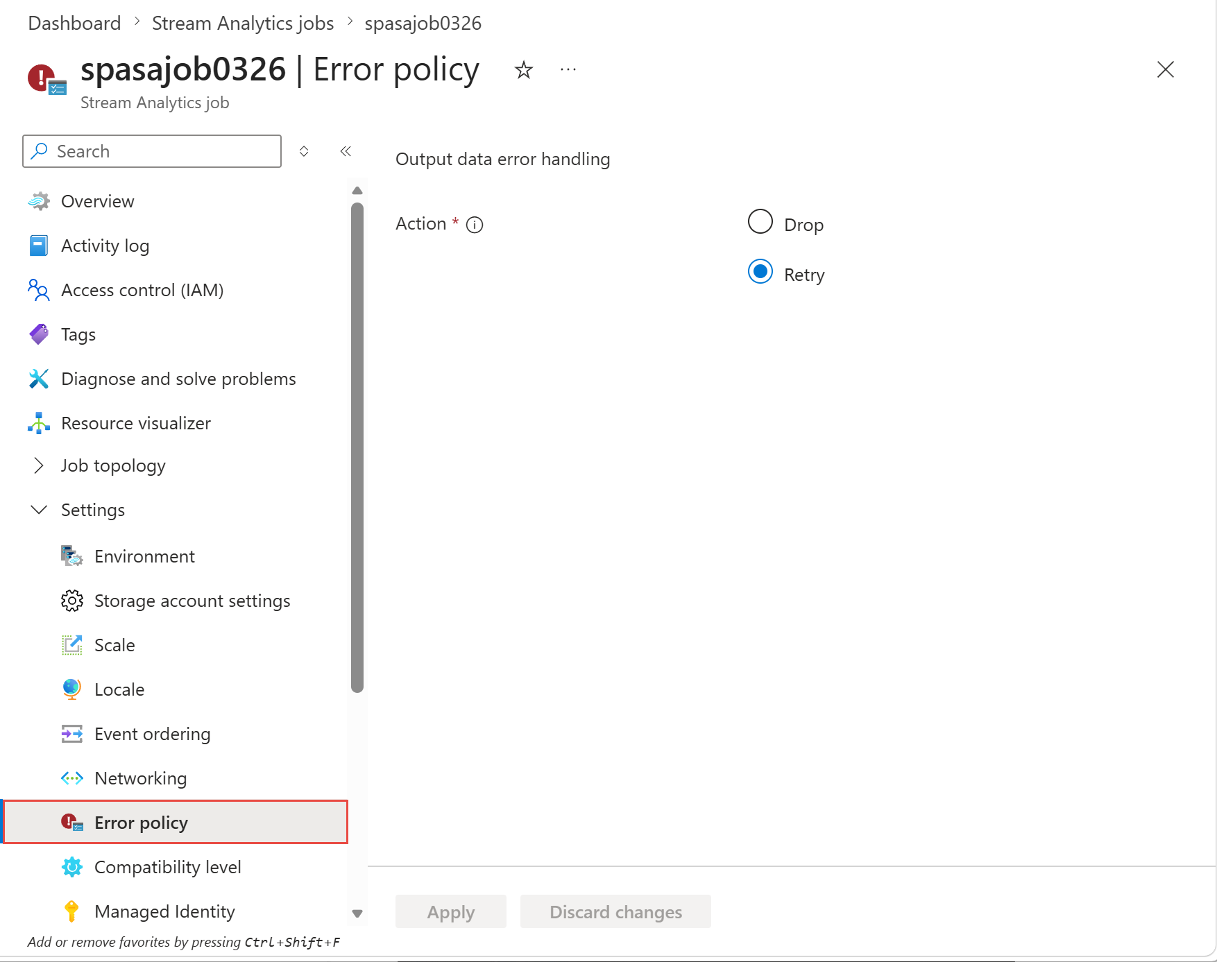 Screenshot that shows the Error Policy option under Configure in a Stream Analytics job in the Azure portal.