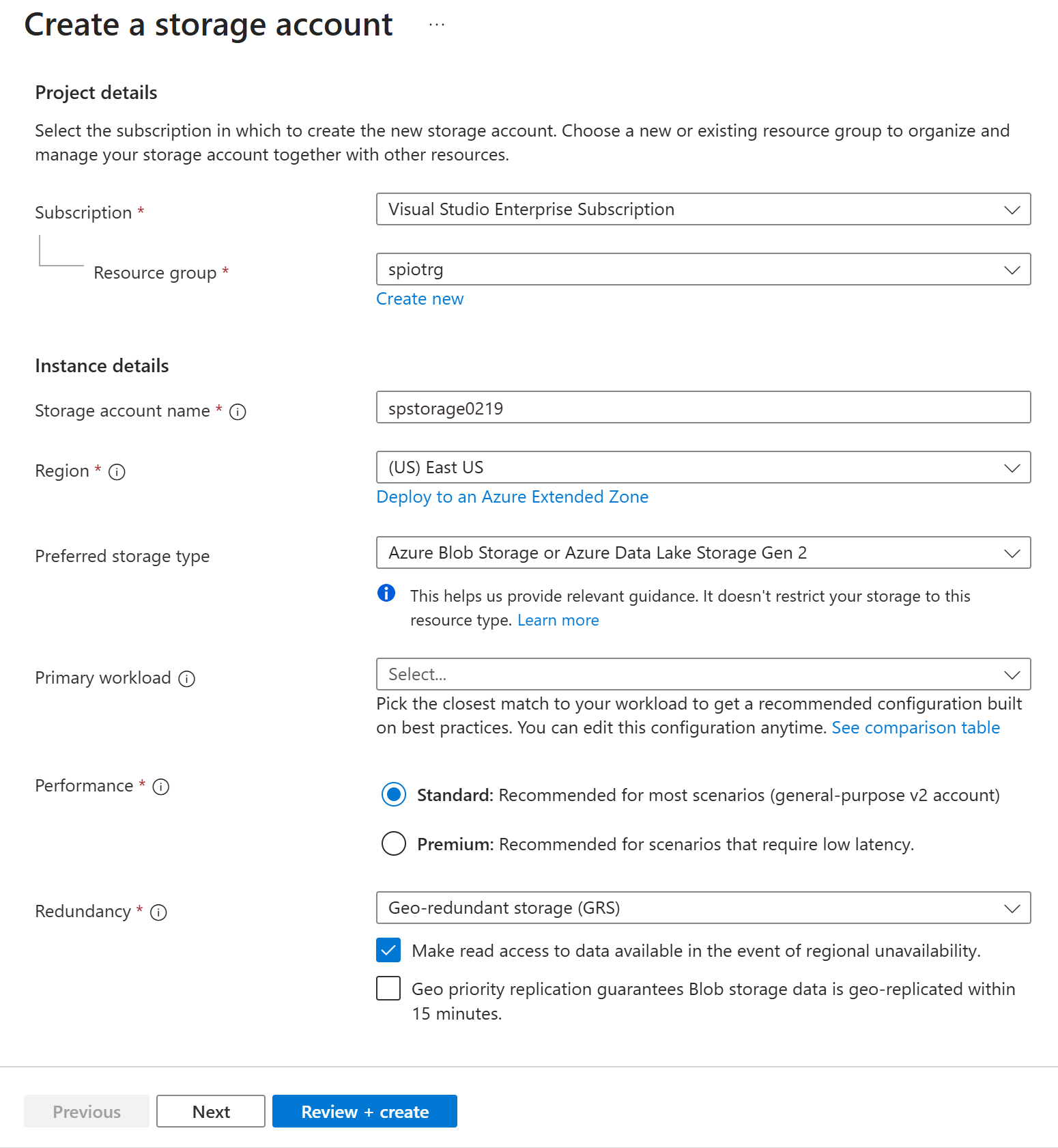 Screenshot showing the Create storage account page in the Azure portal.