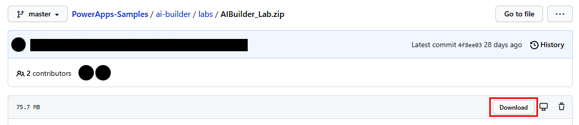 Снимак екрана преузимања датотеке AIBuilder_Lab.zip.