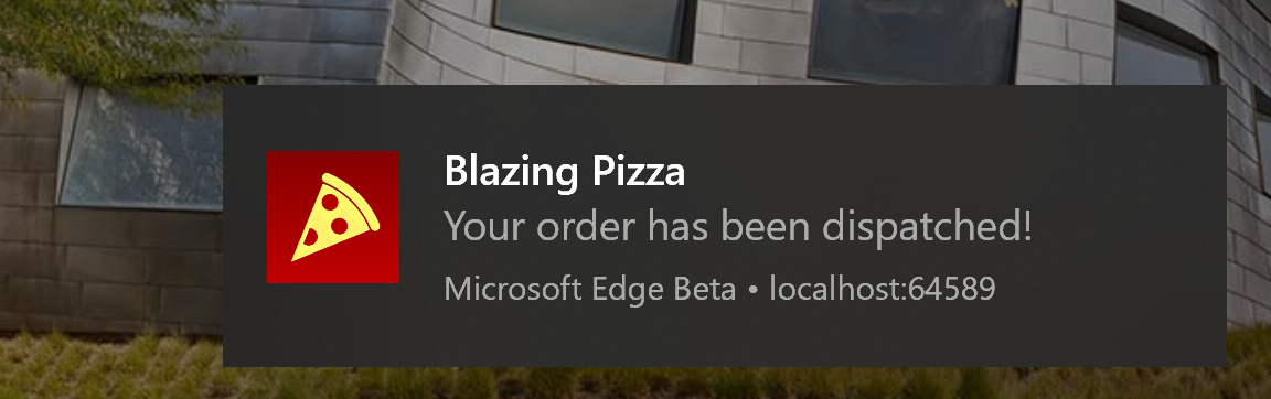 A pop-up notification indicating to the user that their pizza order has been dispatched.