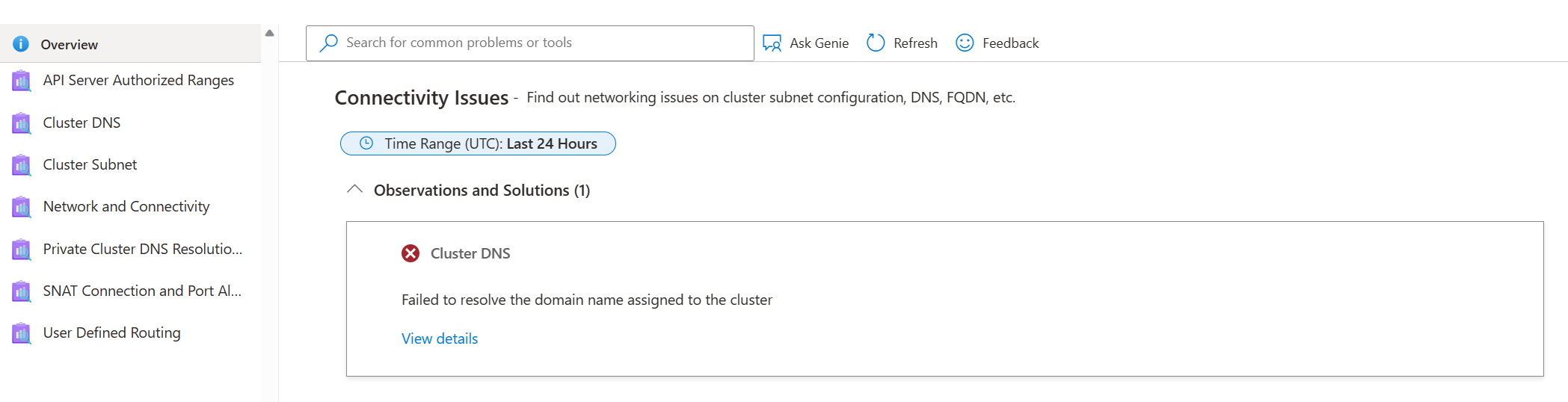 Screenshot of AKS Diagnose and solve problems - Networking.