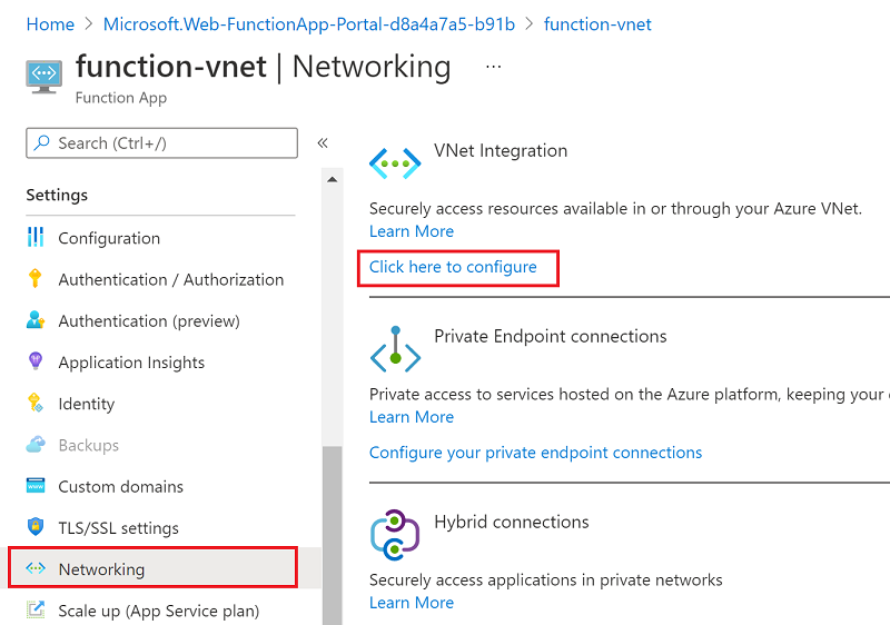 Choose networking in the function app