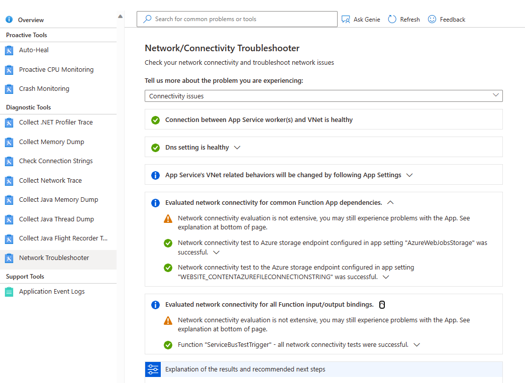 Screenshot that shows running troubleshooter for connection issues.