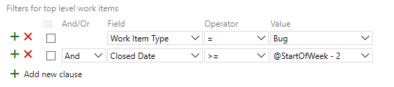 Screenshot that shows the Query Editor clause for finding bugs closed in the last two weeks.