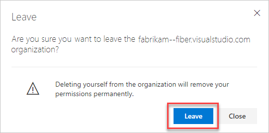 Screenshot showing confirmation for leaving the organization.