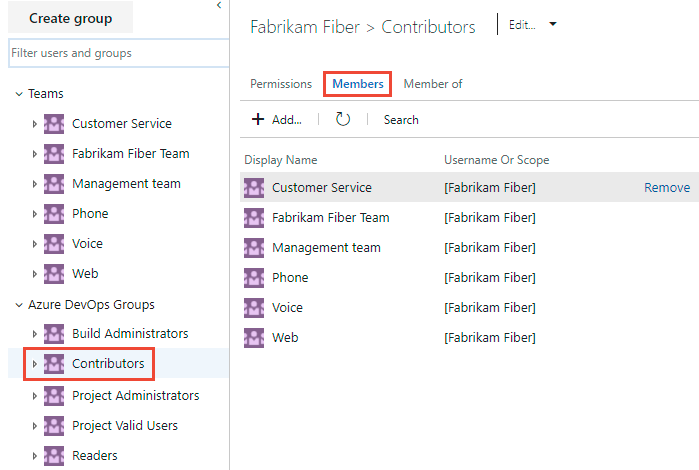 Screenshot that shows the members of the Contributors security group.