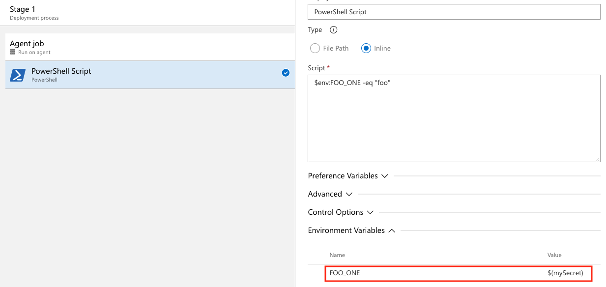 Screenshot of the Environment Variables section in a Classic task showing FOO_ONE mapped to the mySecret variable.