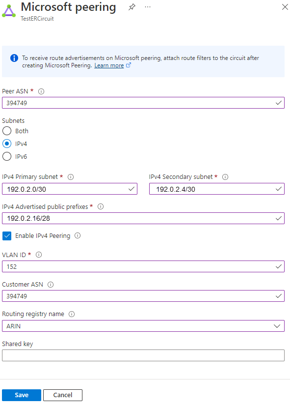 Screenshot showing Microsoft peering configuration.