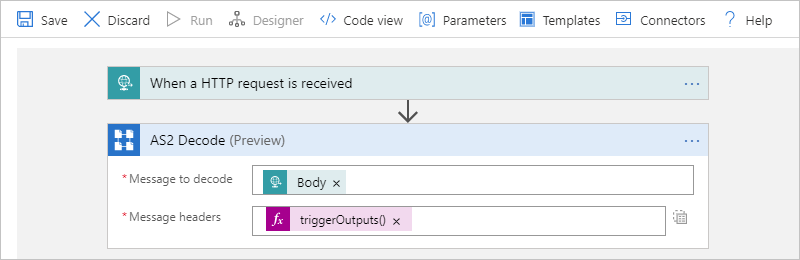 Screenshot showing multi-tenant designer and the "Message headers" box with the "@triggerOutputs()['Headers']" token.