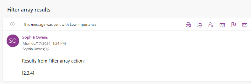 Screenshot showing an email with the "Filter array" action results.