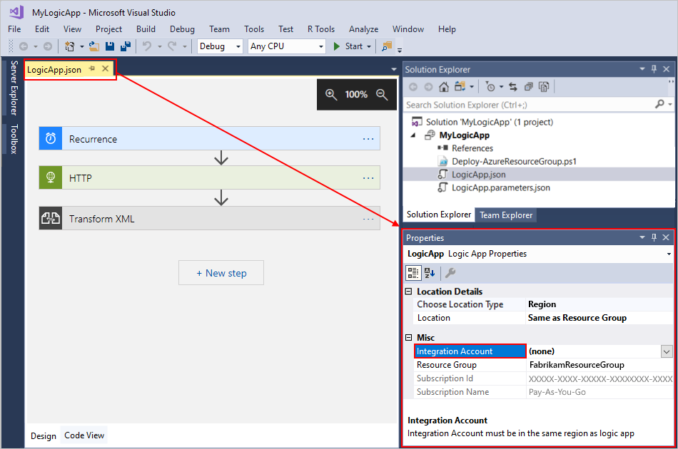 Properties window - "Integration Account" property