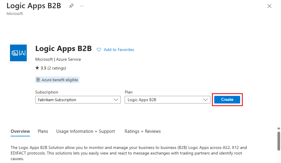 Select "Create" to add "Logic Apps B2B" solution