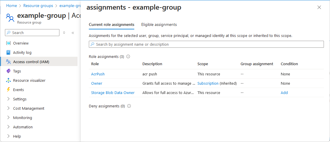 Screenshot of role and deny assignments pane.
