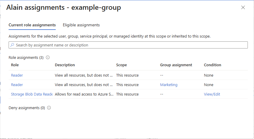Screenshot of role and deny assignments pane for a user.